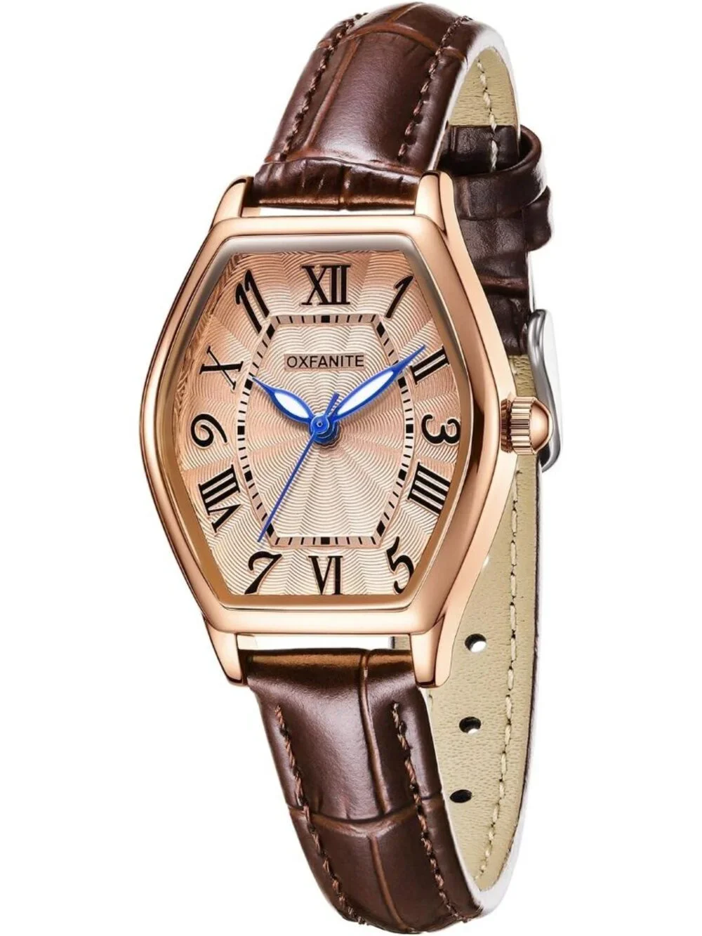 Women's Brown Analog Quartz Leather Band Elegant Barrel-Shaped Classic Watch